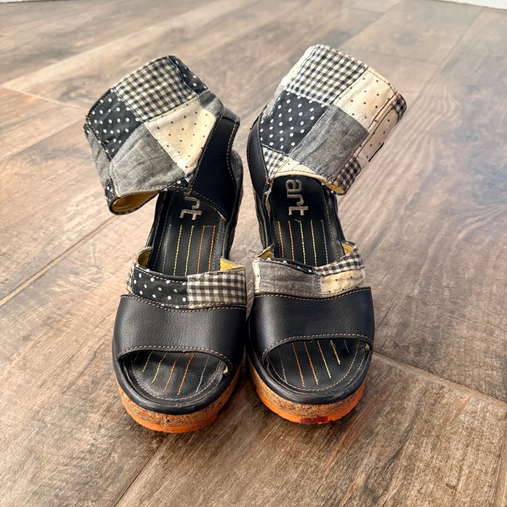 Art Vintage Women's Patchwork Gingham Dot Black Leather Jute Wedge Sandals,39 - Picture 9 of 12